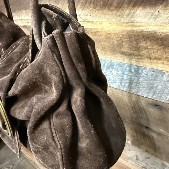 Suede Shoulder Bag with Brass Ring Accent - Brown - Picture 5 of 9